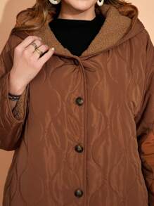 EMERY ROSE Plus Size Women's Solid Minimalist Hooded Thermal Jacket, Fall/Winter - Brown - View 6