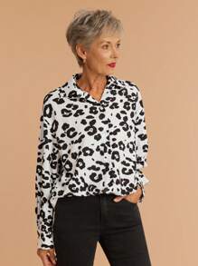 SHEIN LUNE 1 件女士秋季宽松蝙蝠袖休闲通勤豹纹衬衫 - 黑與白 - 查看 2