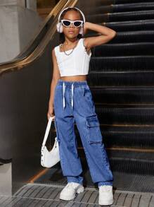 Tween-Mädchen Cooles Set aus Federmäppchen und Hose aus Denim im Used-Look