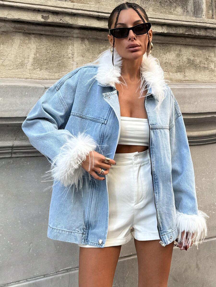 EURMUSE Autumn Fashion Color Block Fleece Patchwork Drop Shoulder Loose Denim Jacket - Light Wash - View 1