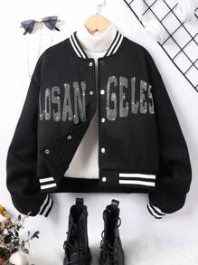 Tween Girls' Black & White Ribbed Long Sleeve Silver Rhinestone Four-Button Hem Jacket - Black - View 1