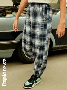 SHEIN Tween Boy Casual Graphic Number Print Plaid Jogger Pants - Dusty Blue - View 4