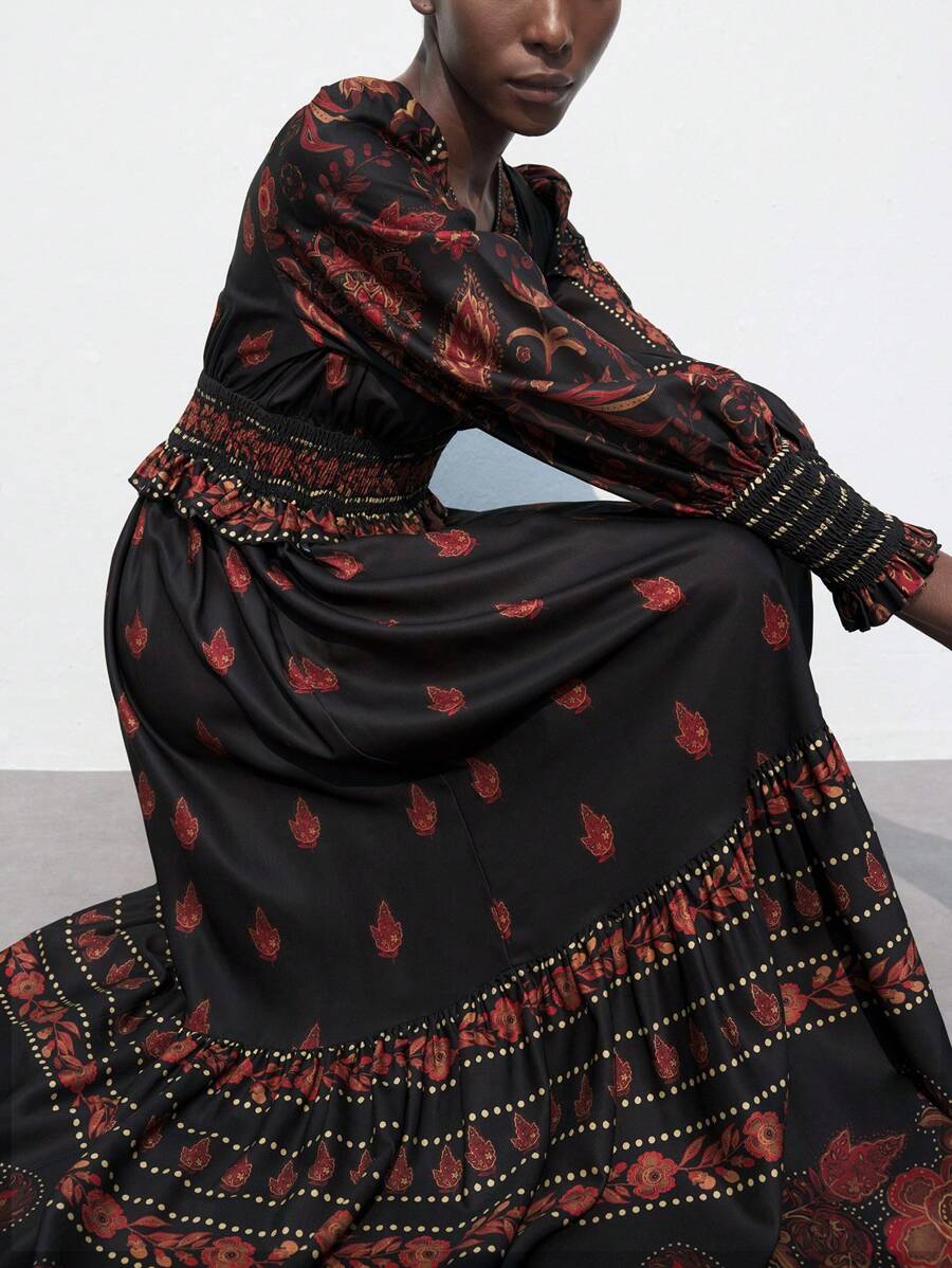 Maija 女款秋冬棕红色收腰及袖下摆收褶复古定位印花灯笼袖长款连衣裙 - 彩色 - 查看 1