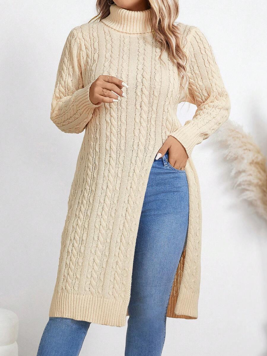 SHEIN LUNE 大码纯色高领开衩长袖休闲套头毛衣针织衫秋冬款 - 米色 - 查看 1