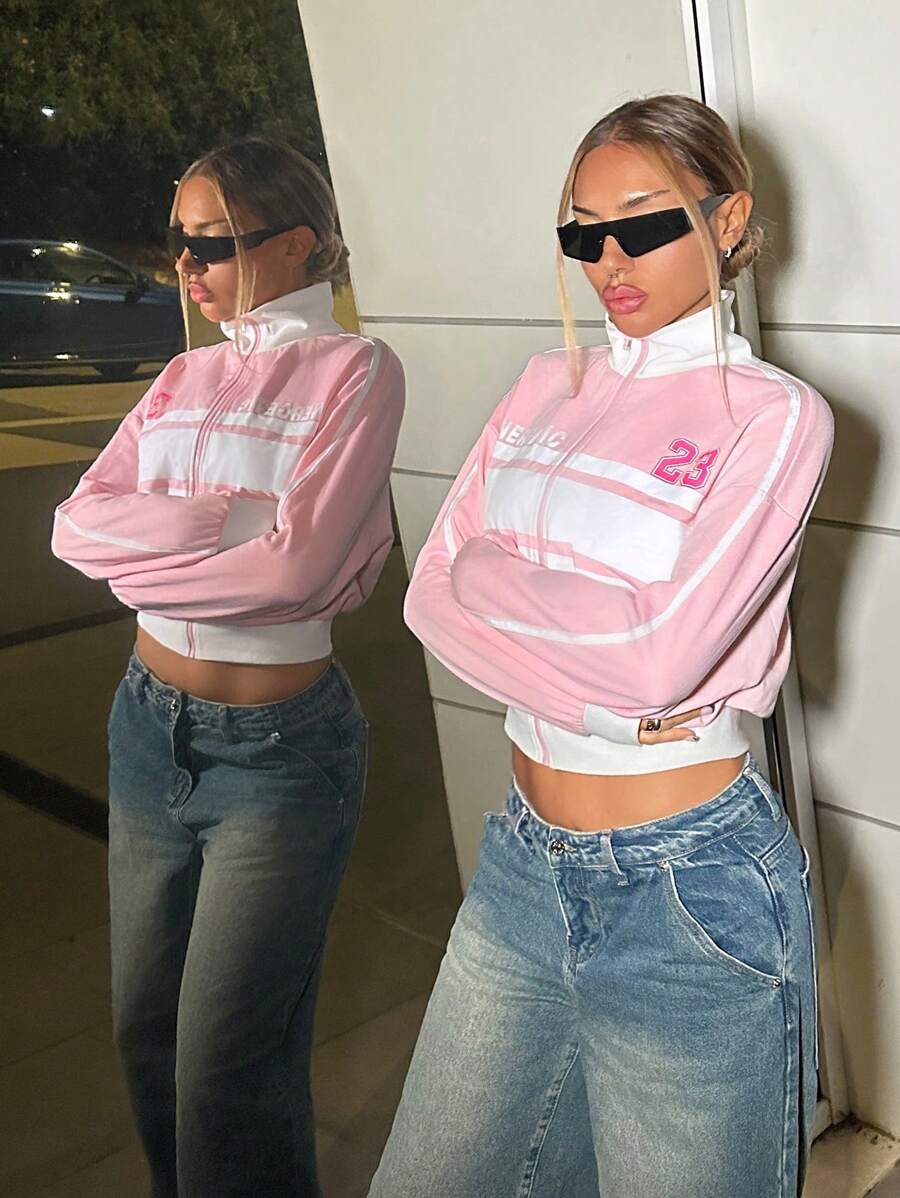 SHEIN ICON 休闲长袖字母印花拼色立领卫衣，适合秋季 - 粉色 - 查看 1