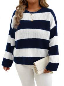 Flirla 大码拼色条纹落肩宽松毛衣，秋冬季休闲款 - 寶藍色 - 查看 4