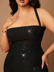 SHEIN BAE 大码黑色亮片露背系带连衣裙派对优雅女士连衣裙万圣节女士连衣裙亮片连衣裙、灯光、珠子、圣诞节、感恩节、婚礼、夜间外出、生日派对、鸡尾酒会礼服、成人连衣裙、露背、曲线 - 黑色 - 查看 4