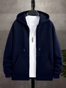 Manfinity Dauomo 1pc Men's Solid Color Long Sleeve Zip Up Drawstring Hoodie Sweatshirt, Autumn