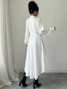 Elenzga High Low Stand Collar Open Front A-Line Ruffled Puff Sleeve Long Shirt