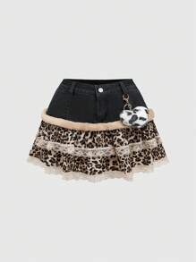 ROMWE J-Fashion Denim Gyaru Y2k Leopard Print Low-Waist Mini Skirt - Multicolor - View 1