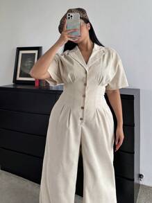 POPSWAY Plus Size Plain Front Button Down Collar Long Sleeve Simple Jumpsuit, Casual - Apricot - View 5