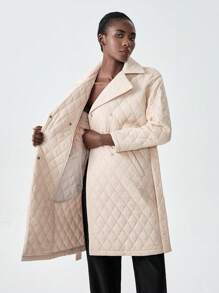 Chiquease 1pc Plain Front Buttons Long Sleeve Minimalist Rhombic Pattern Padded Padded Coat Clothes Winter, Casual - Apricot - View 5