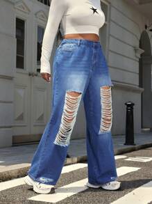 SHEIN EZwear 大码女式前扣口袋做旧简约牛仔裤，日常休闲装 - 中等水洗藍 - 查看 2
