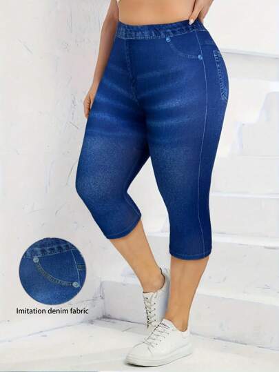 EMERY ROSE Plus Size Casual Denim Effect Print Skinny Capri Pants