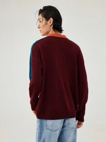 Manfinity Campus Court Aesthetic Post--Men's Casual Color Block Letter Pattern V-Neck Loose Knit Sweater, Suitable For Autumn/Winter - Burgundy - View 2