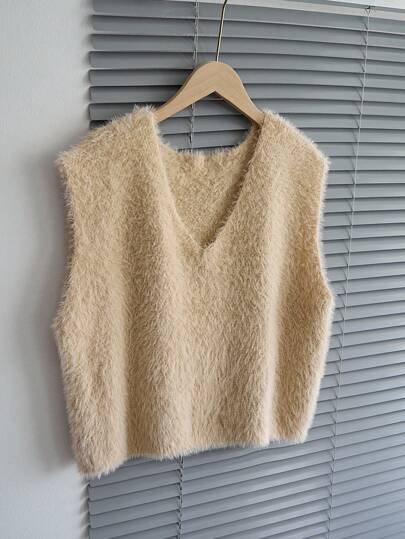 Chiquease Chaleco de mujer con cuello en V esponjoso, prenda de vestir casual para el otoño y el invierno