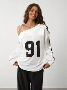 TRNVIE 1pc Women's Vintage Sporty Colorblock Raglan Shoulder Letter Print Oversized T-Shirt, Retro College Style For Autumn/Winter