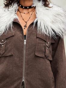 ROMWE Grunge Punk 1 pieza Abrigo con cuello desmontable de peluche de color contrastante con forro de pana, estilo distópico para mujer