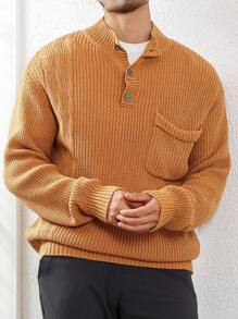Manfinity Homme Suéter Casual de Manga Longa de Cor Sólida com Bolso, para Homens - Caqui - Visão 2