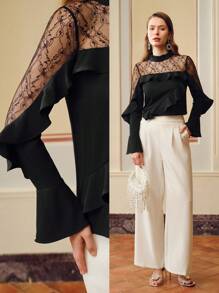 ZEYLAH FRILL MOCK NECK LACE YOKE RUFFLE TRIM BLOUSE - Black - View 9