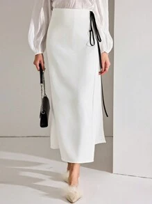 Modelyn 1 pieza Falda elegante blanca de mujer con cintura anudada al costado, adecuada para ir a trabajar - Blanco - Ver 6
