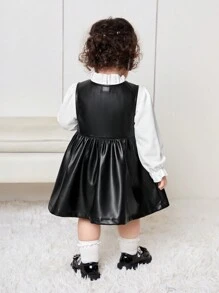 SHEIN Toddler Girl 3pcs/Set White Shirt, Sleeveless Leather Dress & Cap Set, Cute For Autumn/Winter