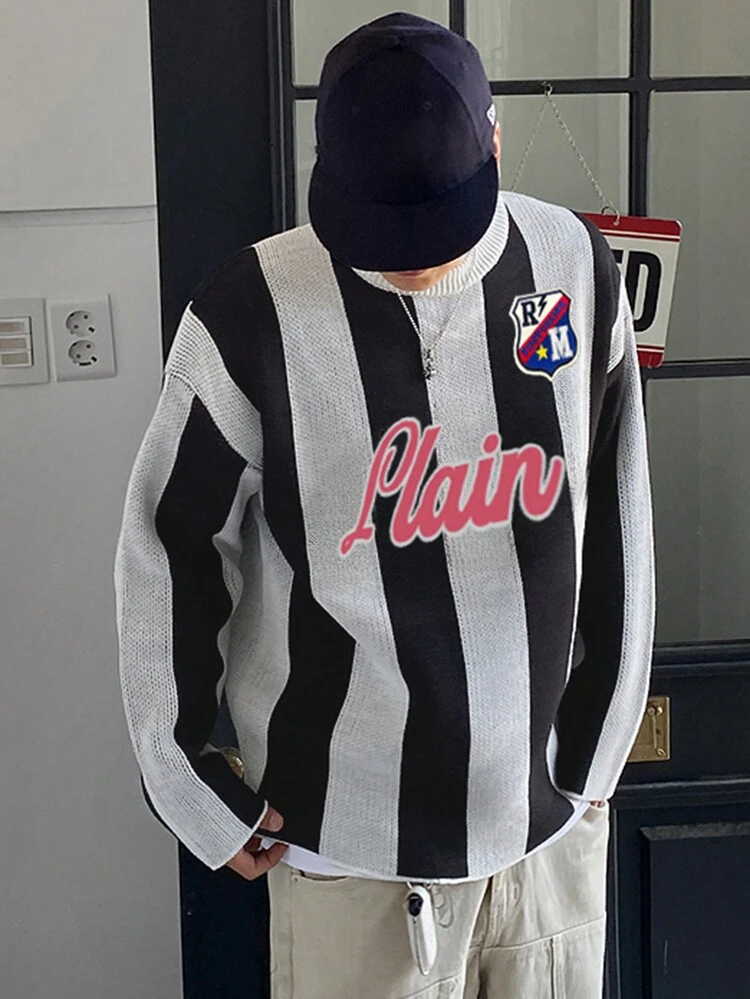 Men's Striped Letter Patch Sweater, Autumn