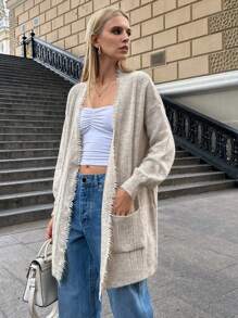 EURMUSE Casual Solid Color Dual Pocket Fringe Cardigan, Autumn/Winter - Beige - View 1