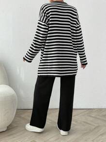 SHEIN Cottnline 2 件套法式条纹翻盖包五金开衫 - 黑色 - 查看 2