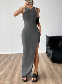 Muchica Sexy Solid Color High Slit Backless Sleeveless Fitted Dress, Autumn - Dark Grey - View 1