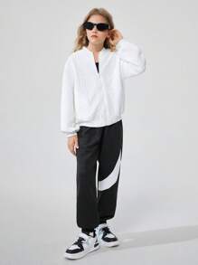 SHEIN Tween Girls Drop Shoulder Zip Front Baseball Jacket, White, Autumn - White - View 6