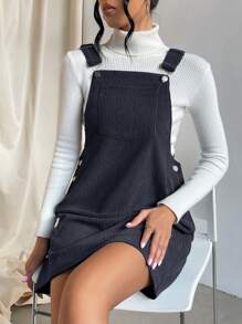 SHEIN EZwear 绿色连衣裙纯色口袋贴布连体连衣裙（不含毛衣） - 深灰色 - 查看 4