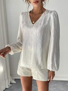 Chiquease Solid V-Neck Lantern Sleeve Elastic Fit Women Blouse - Apricot - View 5