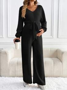 SHEIN Combinaison à manches longues pour femmes enceintes, col en V côtelé torsadé, couleur unie, pour la maternité