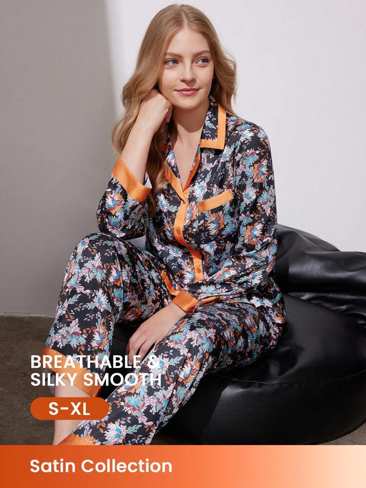 Women Basic Satin Floral Print Button-Up PJ Set