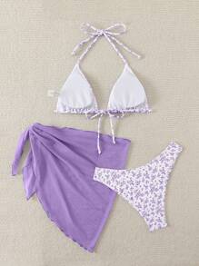 Swim Mod 女士花卉印花露背系带比基尼套装，搭配纯色扭结下摆裙子，夏季海滩 - 紫色 - 查看 2