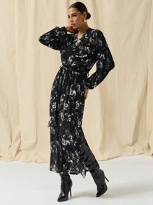 COSMINA Autumn/Winter Women All-Over Print V-Neck Long Sleeve Long Dress