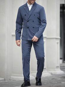 Calvornis Men's Notched Collar Long Sleeve Double Breasted Suit Jacket And Trousers Office Wear Outfit