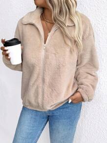 SHEIN LUNE 大码纯色前拉链长袖夹克，日常休闲