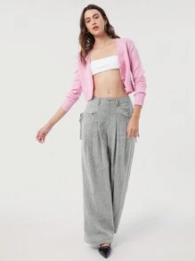 SHEIN EZwear Damenhose mit Fischgratmuster aus Wolle, weite Beine mit Schleife an den Seitentaschen, locker-lässig für Herbst und Winter - Grau - Übersicht 4