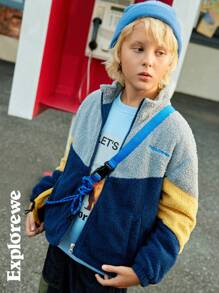 SHEIN Tween 男童时尚休闲拼色字母刺绣羊毛夹克，适合户外穿着 - 彩色 - 查看 12