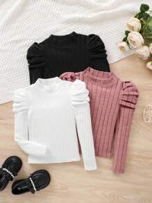 SHEIN 3pcs/Set Tween Girls' Ribbed Knit Funnel Neck Fitted Casual Raglan Sleeve T-Shirts