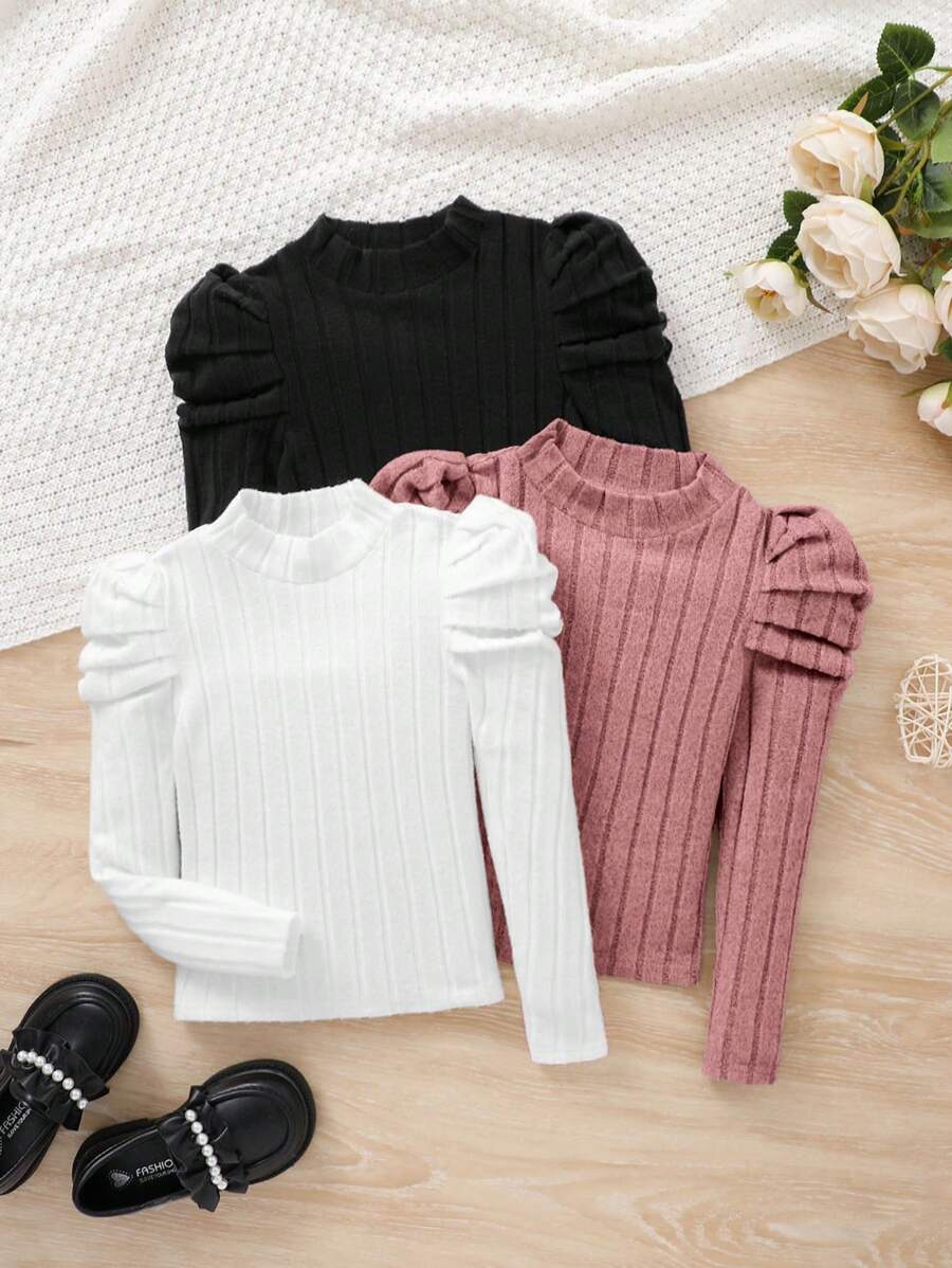 SHEIN 3pcs/Set Tween Girls' Ribbed Knit Funnel Neck Fitted Casual Raglan Sleeve T-Shirts