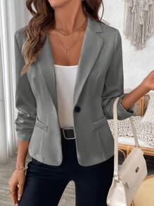 EMERY ROSE Women's Solid Color Front Button Long Sleeve Basic Collar Casual Suit Jacket - Grey - View 3