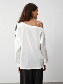 TRNVIE 1pc Women's Vintage Sporty Colorblock Raglan Shoulder Letter Print Oversized T-Shirt, Retro College Style For Autumn/Winter