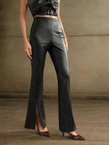 Anewsta Pantalones de pierna campana de unicolor minimalista y casual con abertura lateral para mujer
