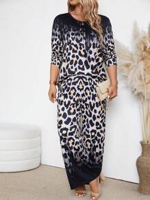 2pcs/Set Plus Size Casual Leopard Print Knit Crew Neck Outfit For Women
