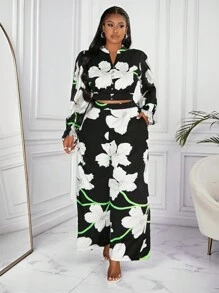 Slaydiva Premium High-End Plus Size Women 2pcs Set, Floral Print Blouse & Palazzo Pants - Multicolor - View 7