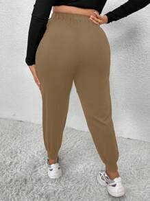 SHEIN LUNE Women's Fashionable Solid Color High Waisted Pants With Pockets - Khaki - View 2