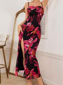 SHEIN Belle Vestido de fiesta elegante con estampado floral, abertura en el bajo, tirantes finos, para mujer. Vestido de cóctel, semirrígido, para fiesta, cumpleaños, boda, graduación, cena, baile de graduación